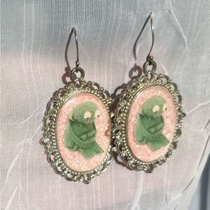 Handmade Vintage Inspired Victoria. Cameo Earrings Framing Sad Kermit